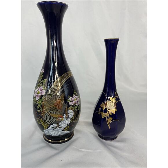 VTG ASIAN DARK BLUE COBALT VASES FLORAL PHEASANT BIRD MOTIFS - Picture 1 of 8